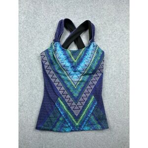 Prana Womens Yoga Tank Top XS Blue Green Geometric Tribal Print Shelf Bra Cami